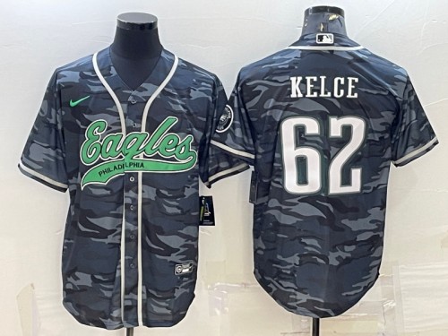 Men's Philadelphia Eagles #62 Jason Kelce Gray Camo With Patch Cool Base Stitched Baseball Jersey